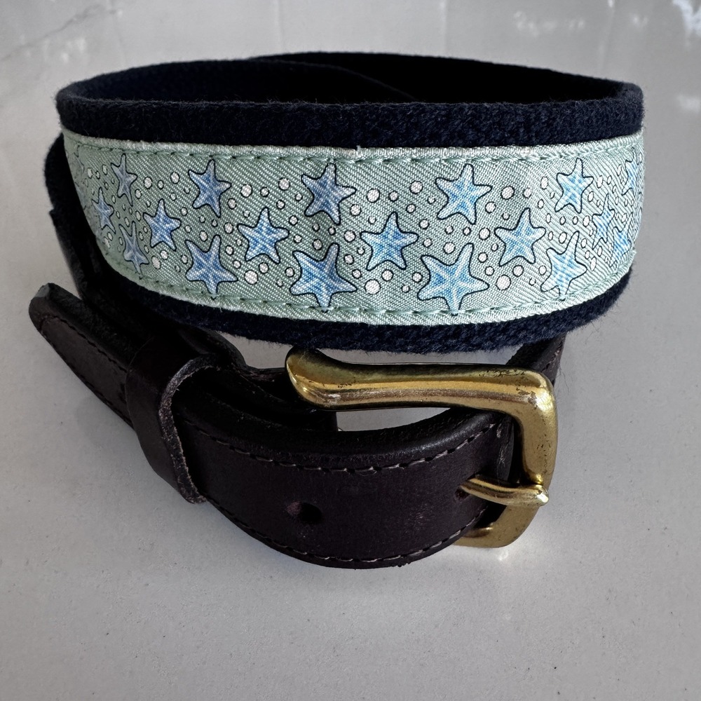 Vineyard Vines Starfish Canvas Belt Boys Size 30 Navy Blue Leather Trim‎ Preppy